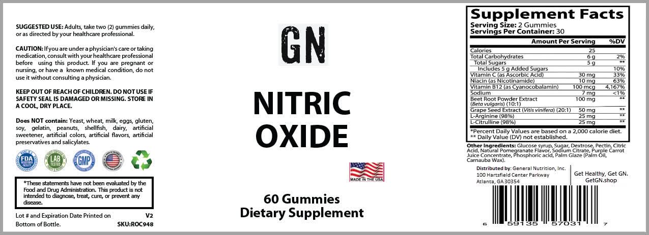 Supplement label for GN Nitric Oxide gummies with supplement facts and branding.