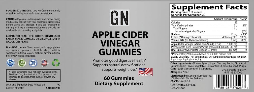 Supplement label for GN Apple Cider Vinegar Gummies with text and graphics.