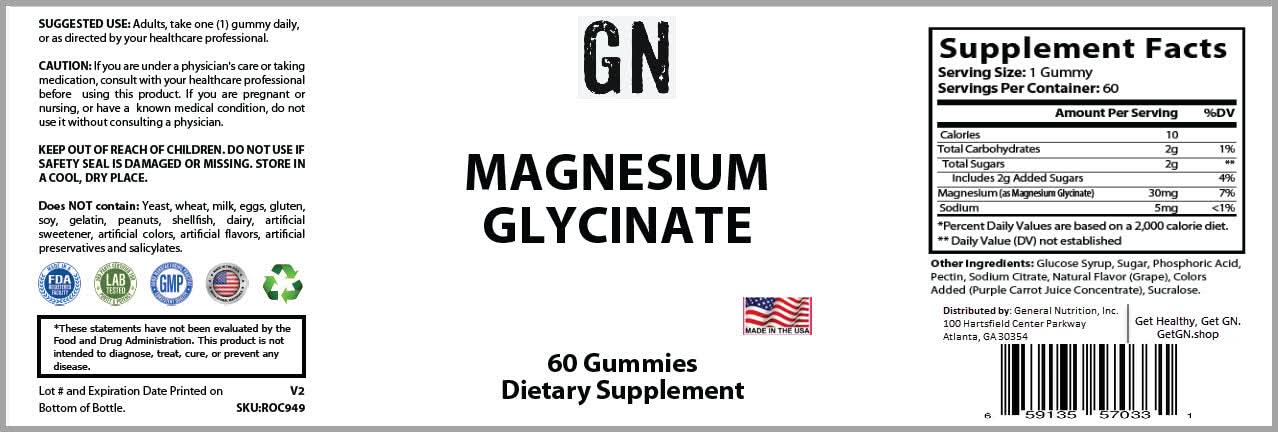 Supplement label for Magnesium Glycinate gummies with supplement facts and branding details.