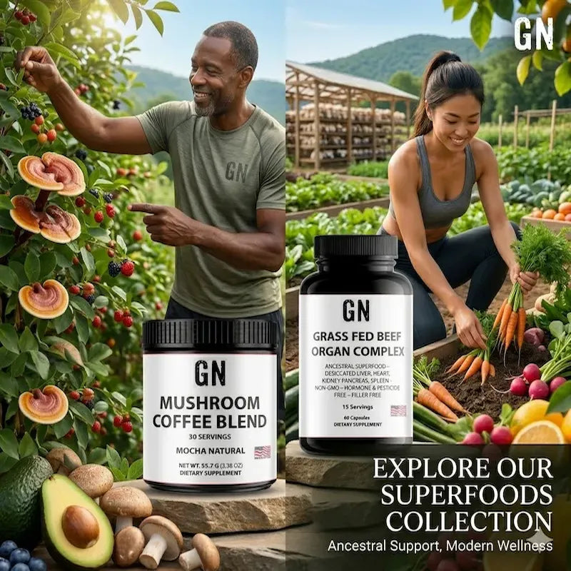 man and women picking fruits and vegetables wih GN products featured