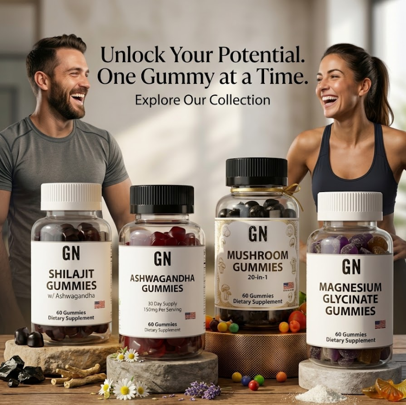 couple enjoying a laugh with 4 bottles of GN Gummies featured