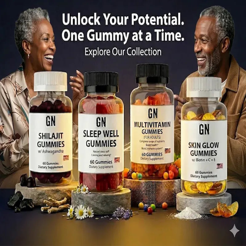 couple enjoying a laugh with 4 bottles of GN Gummies featured