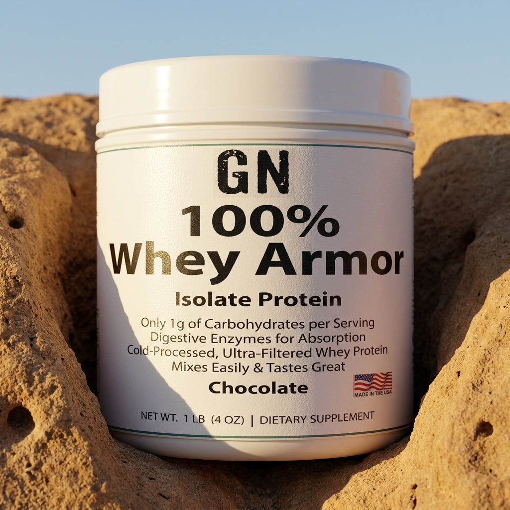 100% Whey Armor Isolate 1lb Chocolate – 99.6% Purity | GetGN | Use the selected product image as the exact product identity and material reference, not as a composition to copy.