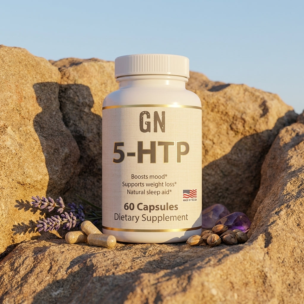 5-HTP Natural Mood & Serotonin Support – 99.5% | GetGN | Use the selected product image as the exact product identity and material reference, not as a composition to copy.