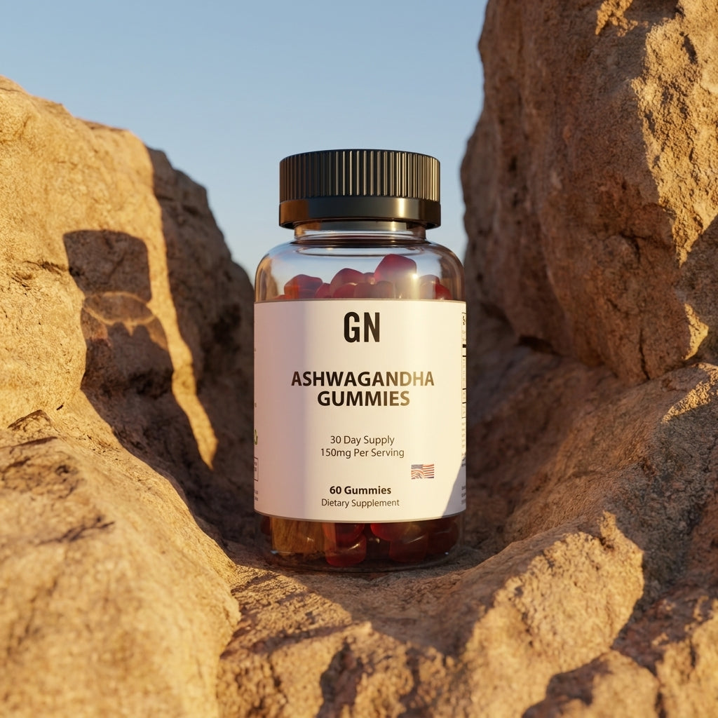 ASHWAGANDHA GUMMIES – 99.5% Purity | COA-Verified | GetGN | Use the selected product image as the exact product identity and material reference, not as a composition to copy.