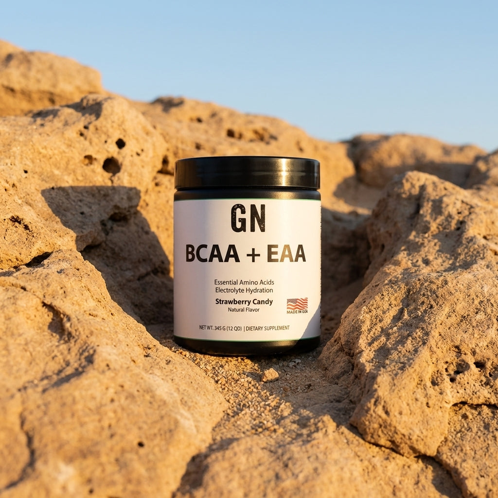 BCAA + EAA - Strawberry Candy– 99.5% Purity | GetGN | Use the selected product image as the exact product identity and material reference, not as a composition to copy.
