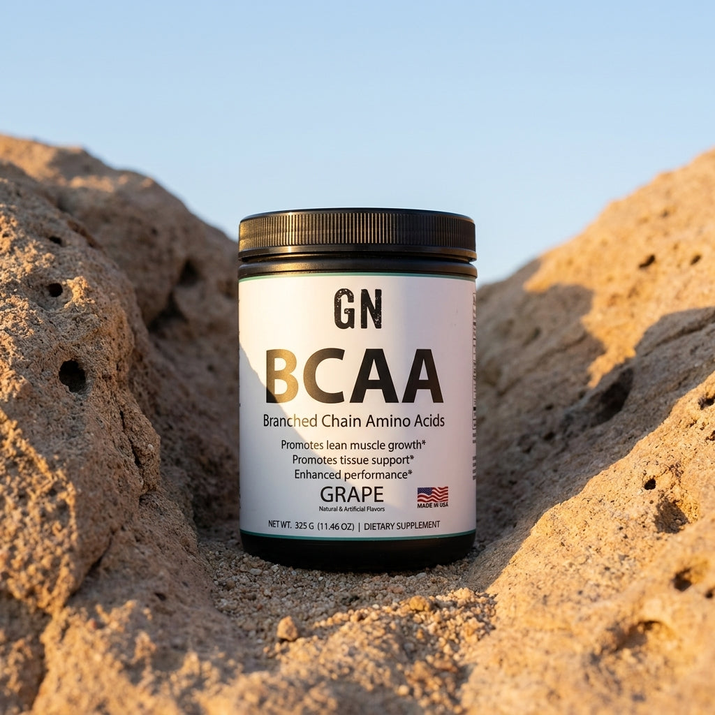BCAA Grape 325g 50-Servings – 99.5% Purity | COA | GetGN | Use the selected product image as the exact product identity and material reference, not as a composition to copy.
