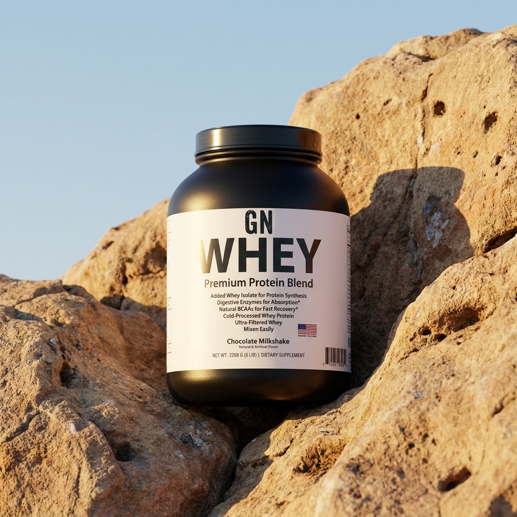 Bulk Whey Protein 5lb Chocolate 70-Servings – 99.5% | GetGN | Use the selected product image as the exact product identity and material reference, not as a composition to copy.