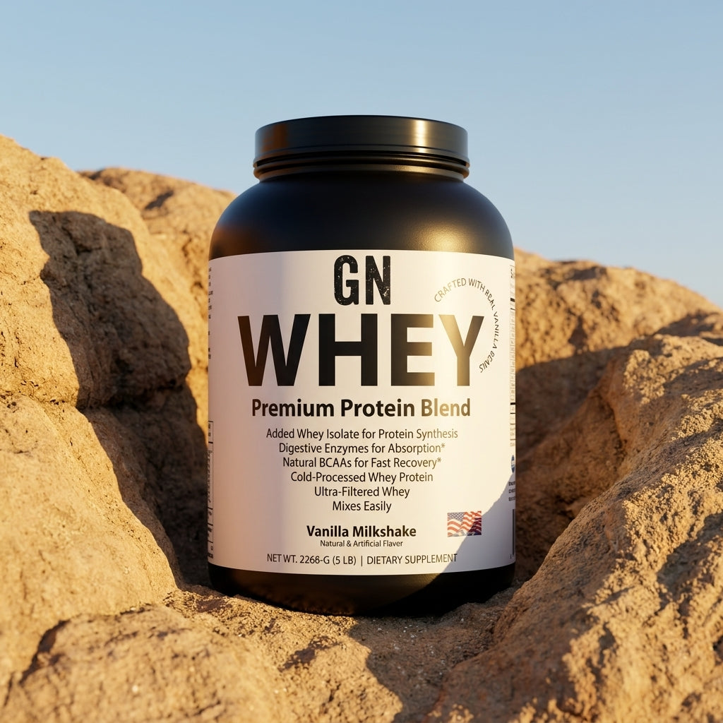 Bulk Whey Protein 5lb Vanilla Milkshake 70-Servings – 99.5% Purity | GetGN | Use the selected product image as the exact product identity and material reference, not as a composition to copy.