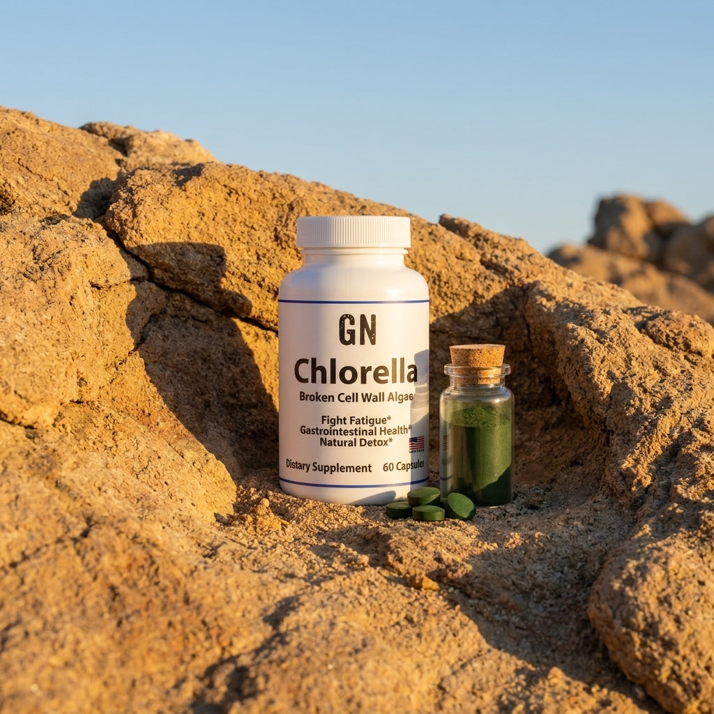 Chlorella Pure 500mg Broken Cell Wall – 99.5% | GetGN | Use the selected product image as the exact product identity and material reference, not as a composition to copy.