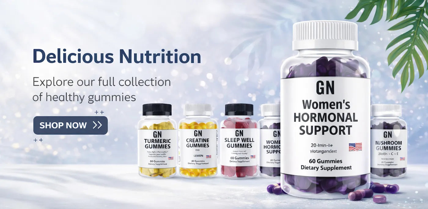 bottles of supplements from GetGn with colored capsules and gummies