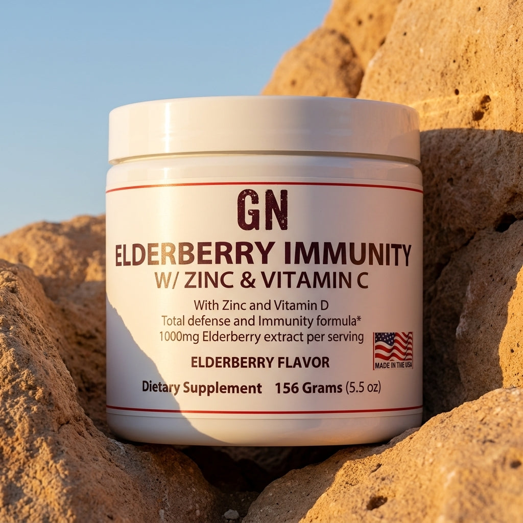 Elderberry Immunity Zinc & Vitamin C – 99.5% Purity | GetGN | Use the selected product image as the exact product identity and material reference, not as a composition to copy.