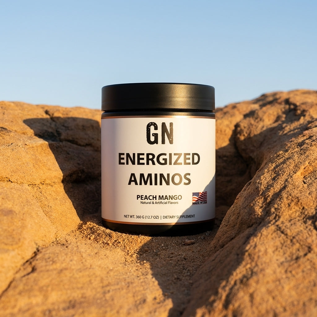 Energized Aminos Peach Mango 360g – 99.5% Purity | GetGN | Use the selected product image as the exact product identity and material reference, not as a composition to copy.