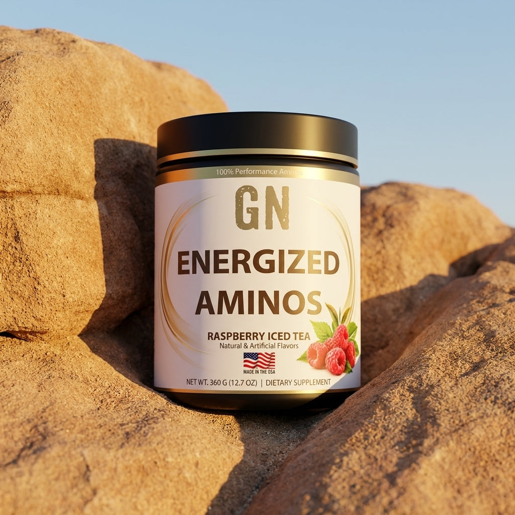 Energized Aminos Raspberry Iced Tea – COA-Verified | GetGN | Use the selected product image as the exact product identity and material reference, not as a composition to copy.