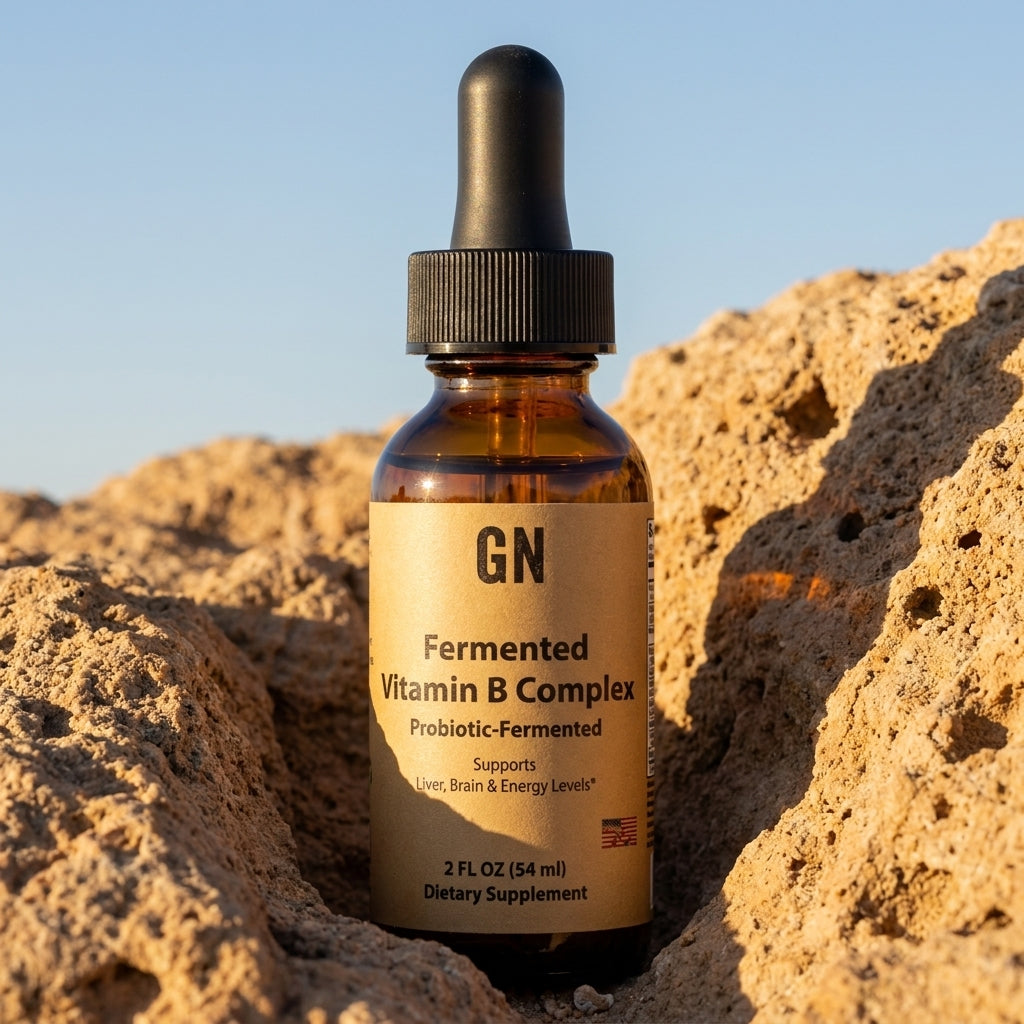 Fermented Liquid B Complex 2oz Travel Size – COA | GetGN | Use the selected product image as the exact product identity and material reference, not as a composition to copy.