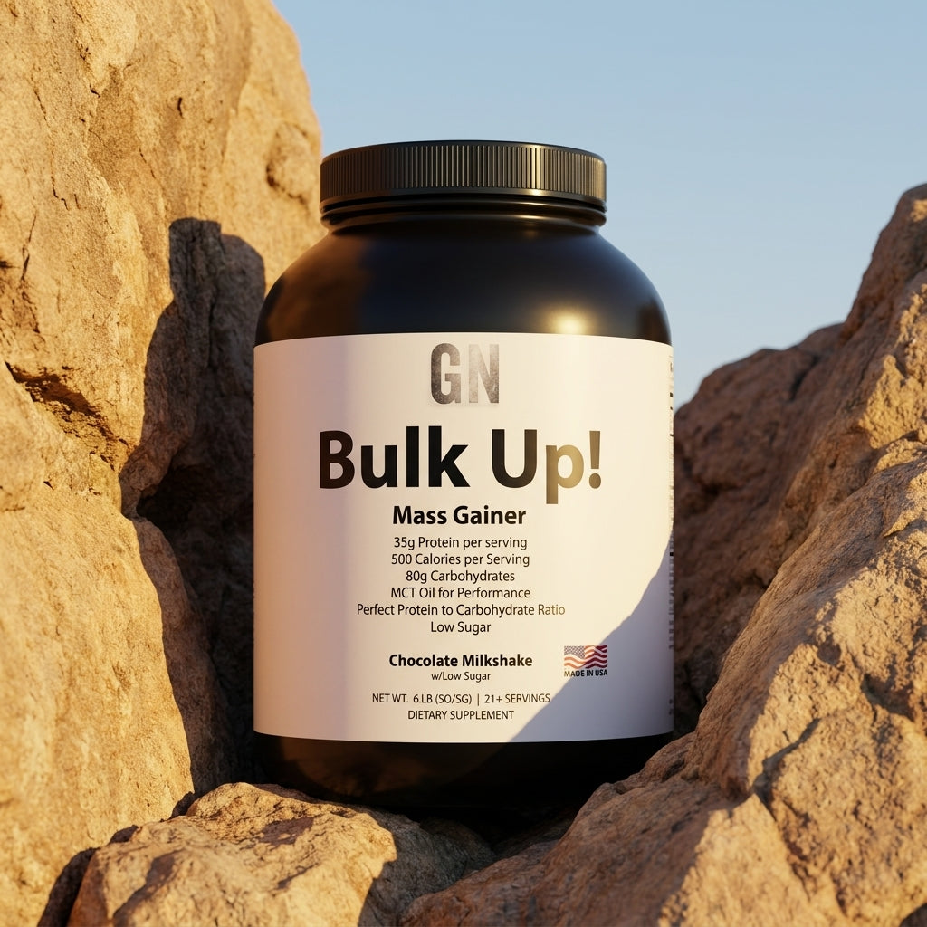 GN BULK UP! Mass Gainer - 6lb Chocolate Milkshake – 99.5% Purity | GetGN | Use the selected product image as the exact product identity and material reference, not as a composition to copy.