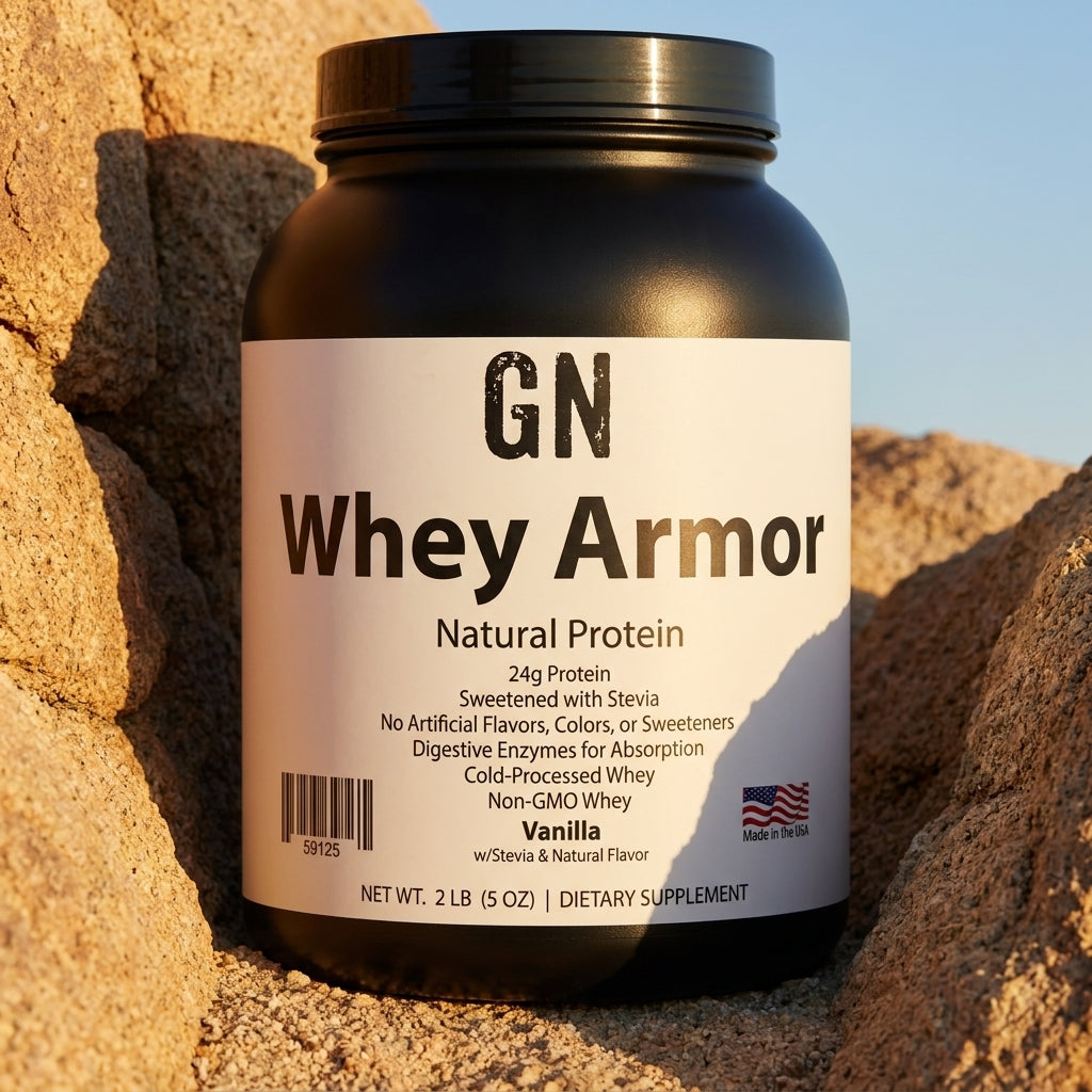 GN WHEY ARMOR Natural Protein - 2lb Vanilla– 99.5% Purity | GetGN | Use the selected product image as the exact product identity and material reference, not as a composition to copy.