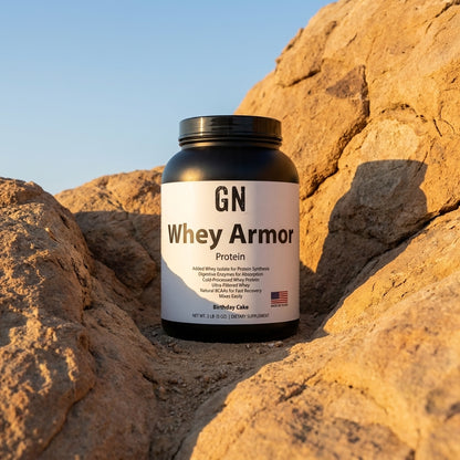 GN Whey Armor Protein 2lb Birthday Cake – 99.5% Purity | GetGN | Use the selected product image as the exact product identity and material reference, not as a composition to copy.