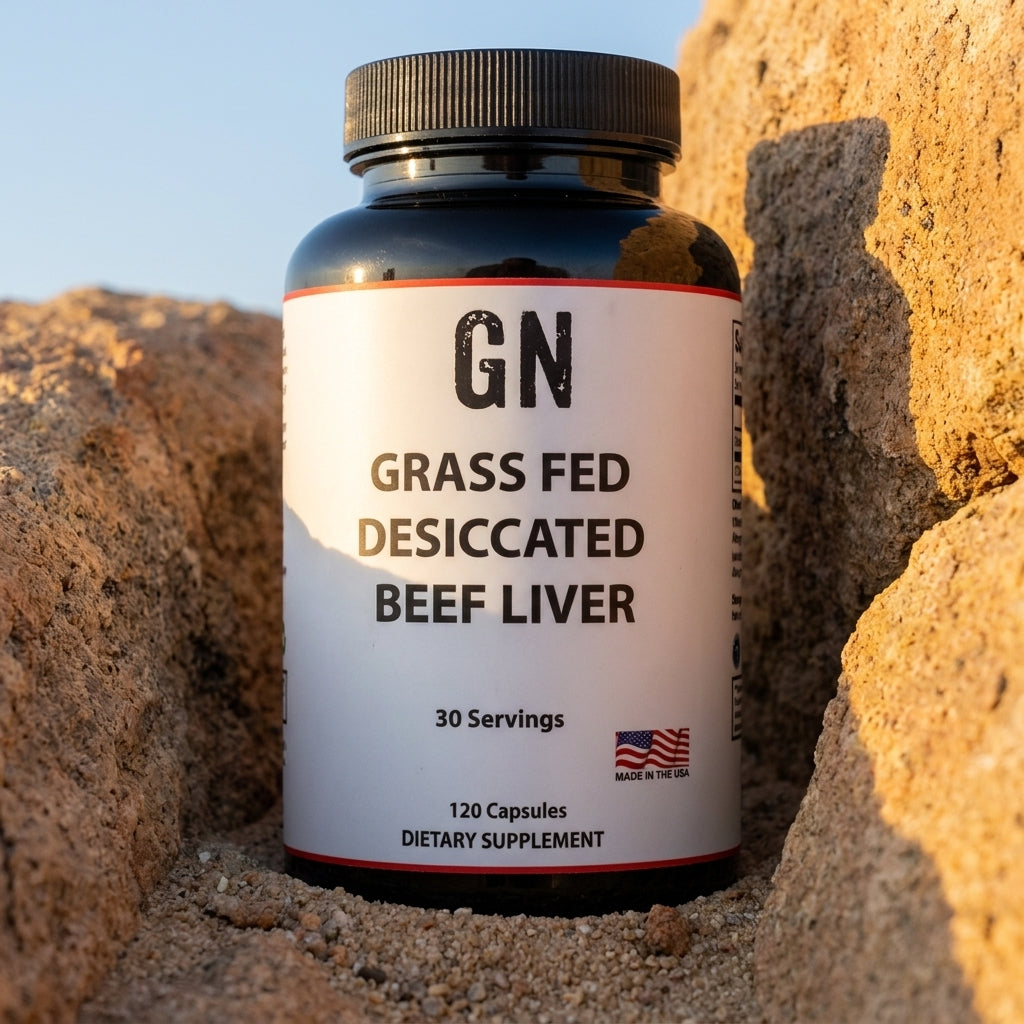 GRASS FED DESICCATED BEEF LIVER Capsules – 99.5% Purity | GetGN | Use the selected product image as the exact product identity and material reference, not as a composition to copy.