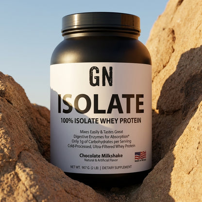 GetGN ISOLATE 100% Isolate Whey Protein - Chocolate Milkshake– 99.6% Purity | GetGN | Use the selected product image as the exact product identity and material reference, not as a composition to copy.