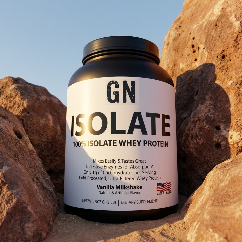ISOLATE 100% Isolate Whey Protein - Vanilla Milkshake (31 Servings) – 99.6% Purity | GetGN | Use the selected product image as the exact product identity and material reference, not as a composition to copy.