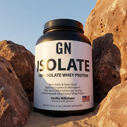 ISOLATE 100% Isolate Whey Protein - Vanilla Milkshake (31 Servings) – 99.6% Purity | GetGN | Use the selected product image as the exact product identity and material reference, not as a composition to copy.