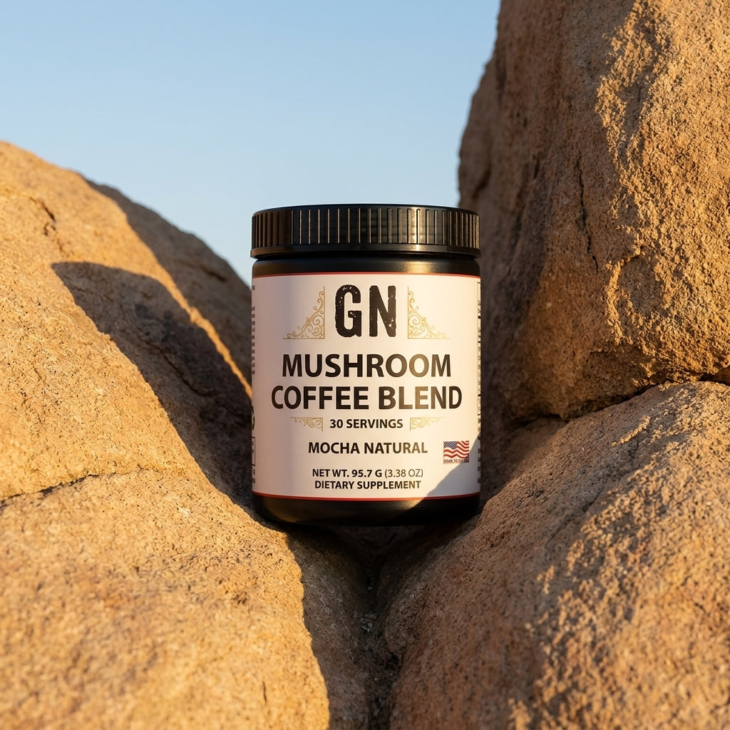 MUSHROOM COFFEE BLEND - Mocha Natural– 99.5% Purity | COA-Verified | GetGN | Use the selected product image as the exact product identity and material reference, not as a composition to copy.