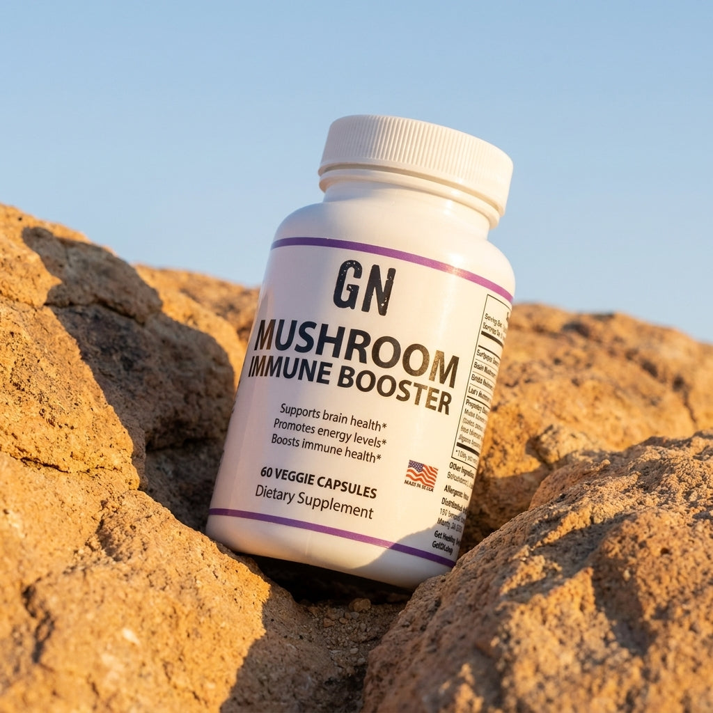 MUSHROOM IMMUNE BOOSTER – 99.5% Purity | GetGN | Use the selected product image as the exact product identity and material reference, not as a composition to copy.