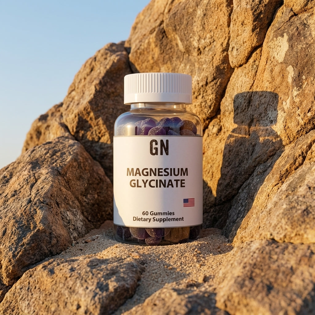 Magnesium Glycinate Gummies – 99.5% Purity | COA | GetGN | Use the selected product image as the exact product identity and material reference, not as a composition to copy.