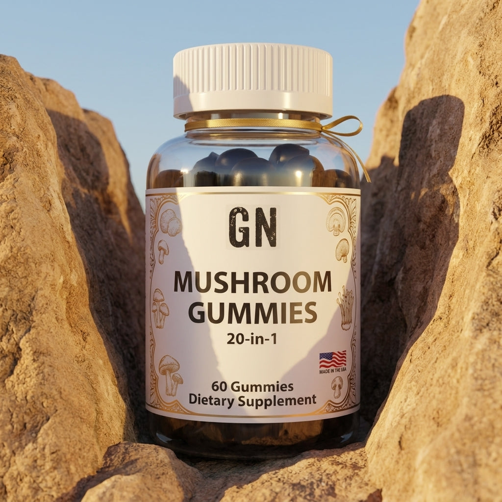 Mushroom Complex Gummies 20-in-1 – 99.5% Purity | GetGN | Use the selected product image as the exact product identity and material reference, not as a composition to copy.