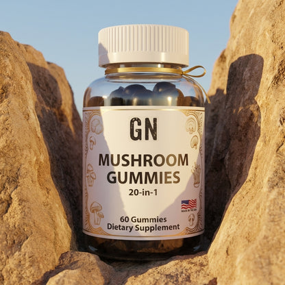 Mushroom Complex Gummies 20-in-1 – 99.5% Purity | GetGN | Use the selected product image as the exact product identity and material reference, not as a composition to copy.
