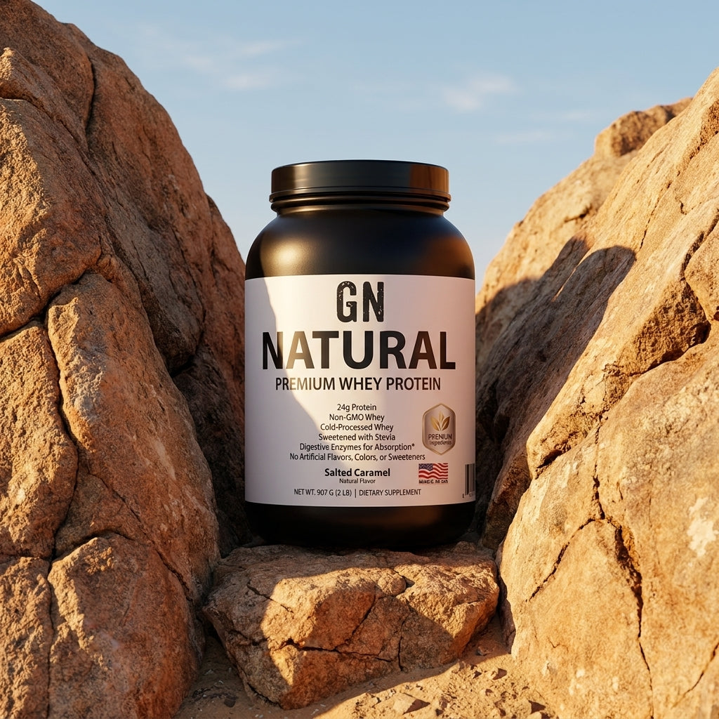NATURAL Premium Whey Protein - Salted Caramel– 99.5% Purity | GetGN | Use the selected product image as the exact product identity and material reference, not as a composition to copy.