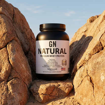 NATURAL Premium Whey Protein - Salted Caramel– 99.5% Purity | GetGN | Use the selected product image as the exact product identity and material reference, not as a composition to copy.