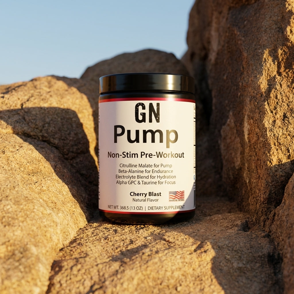 Pump Non-Stim Pre-Workout Cherry Blast – COA-Verified | GetGN | Use the selected product image as the exact product identity and material reference, not as a composition to copy.
