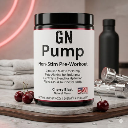 GN Pump non-stim pre-workout supplement container on a marble surface with cherries and a water bottle in the background.