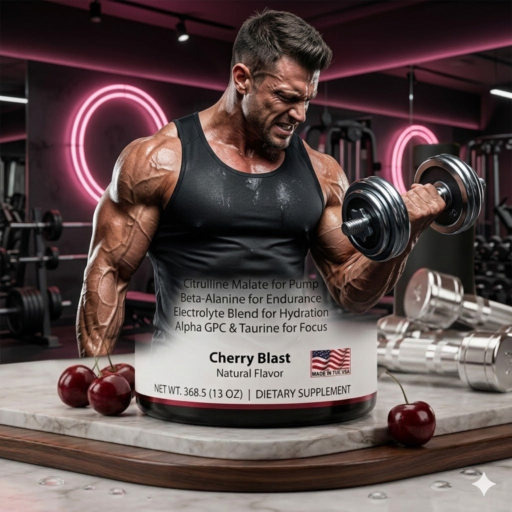 Muscular man lifting weights with a supplement bottle labeled 'Cherry Blast' in a gym setting