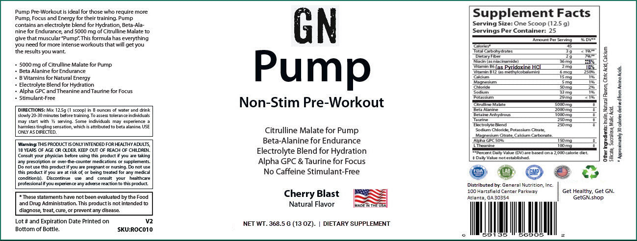 GN Pump Non-Stim Pre-Workout label with supplement facts and ingredients list.