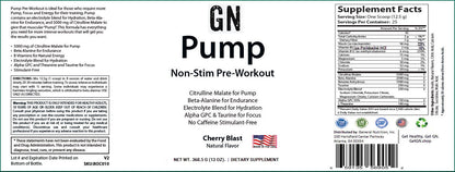 GN Pump Non-Stim Pre-Workout label with supplement facts and ingredients list.
