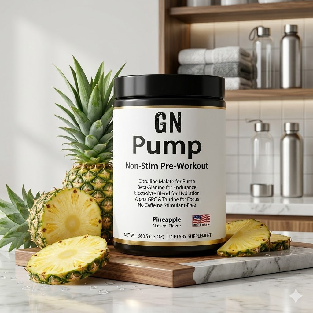Supplement container labeled 'GN Pump' with a pineapple on a kitchen counter.