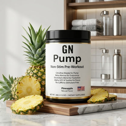 Supplement container labeled 'GN Pump' with a pineapple on a kitchen counter.