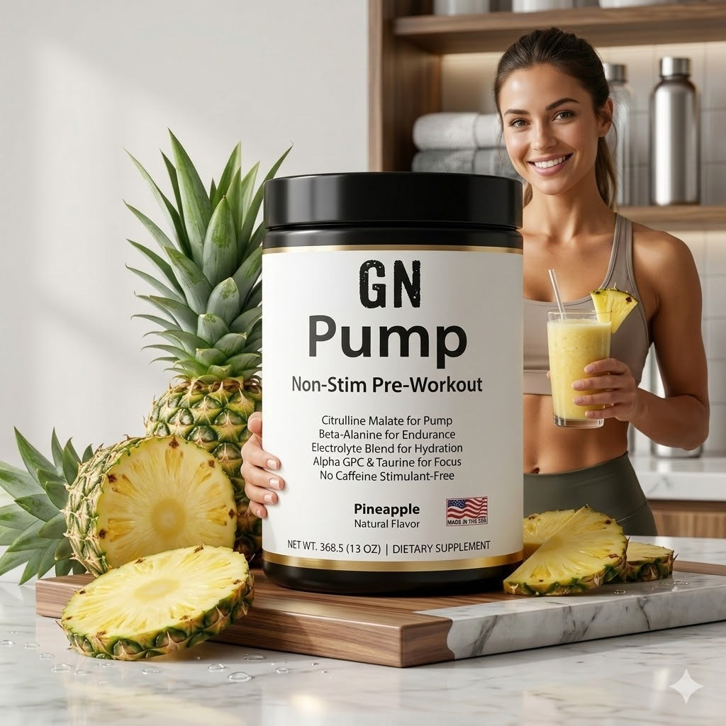 Woman holding a container of GN Pump pre-workout supplement with pineapples on a kitchen counter.