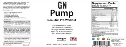 Supplement label for GN Pump Non-Stim Pre-Workout with supplement facts and ingredients listed.
