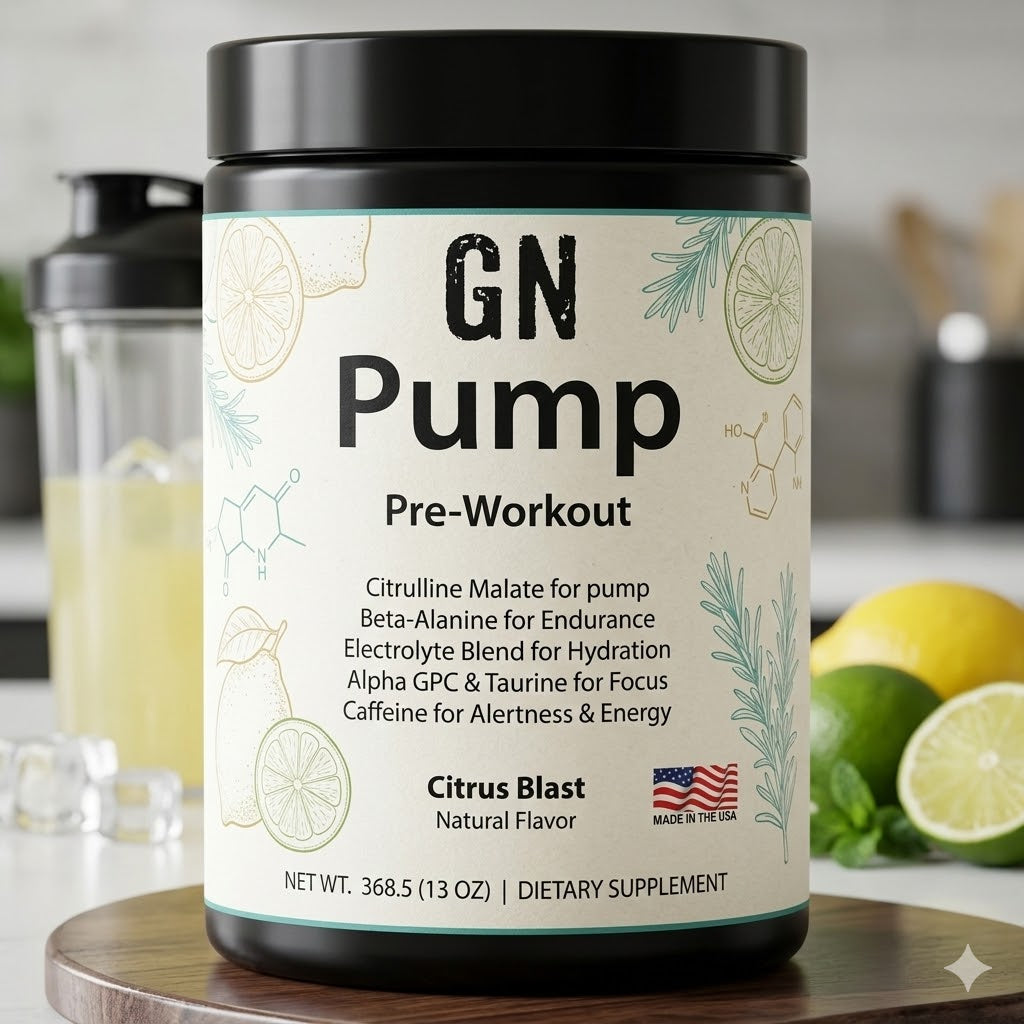 Pre-workout supplement container labeled 'GN Pump' on a wooden surface with lemons and other items in the background.