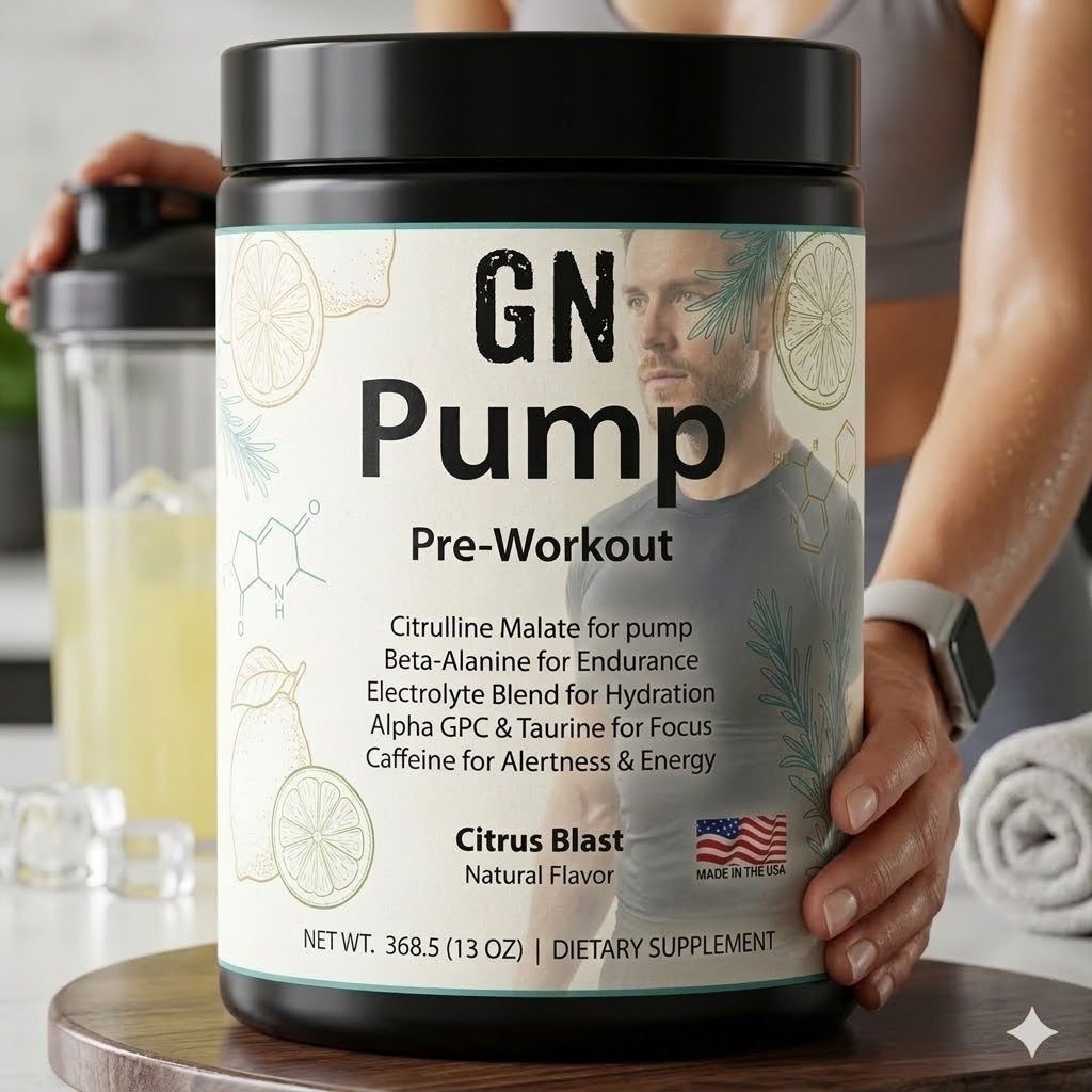 Pre-workout supplement container labeled 'GN Pump' held by a person.