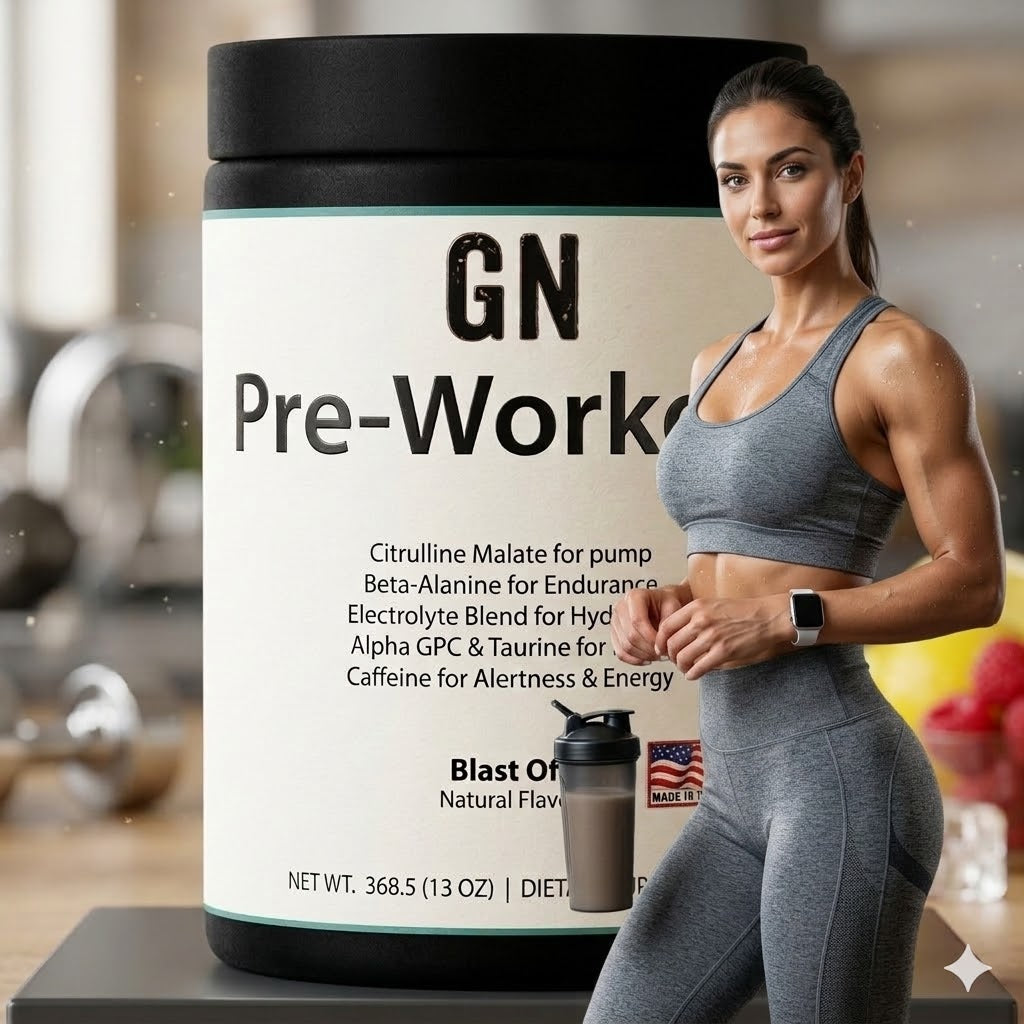 GN Pre-Workout supplement container with a woman in athletic wear standing next to it.