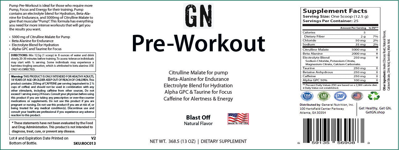 Label of GN Pre-Workout supplement with text and graphics.