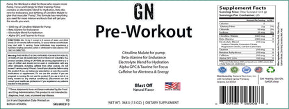 Label of GN Pre-Workout supplement with text and graphics.