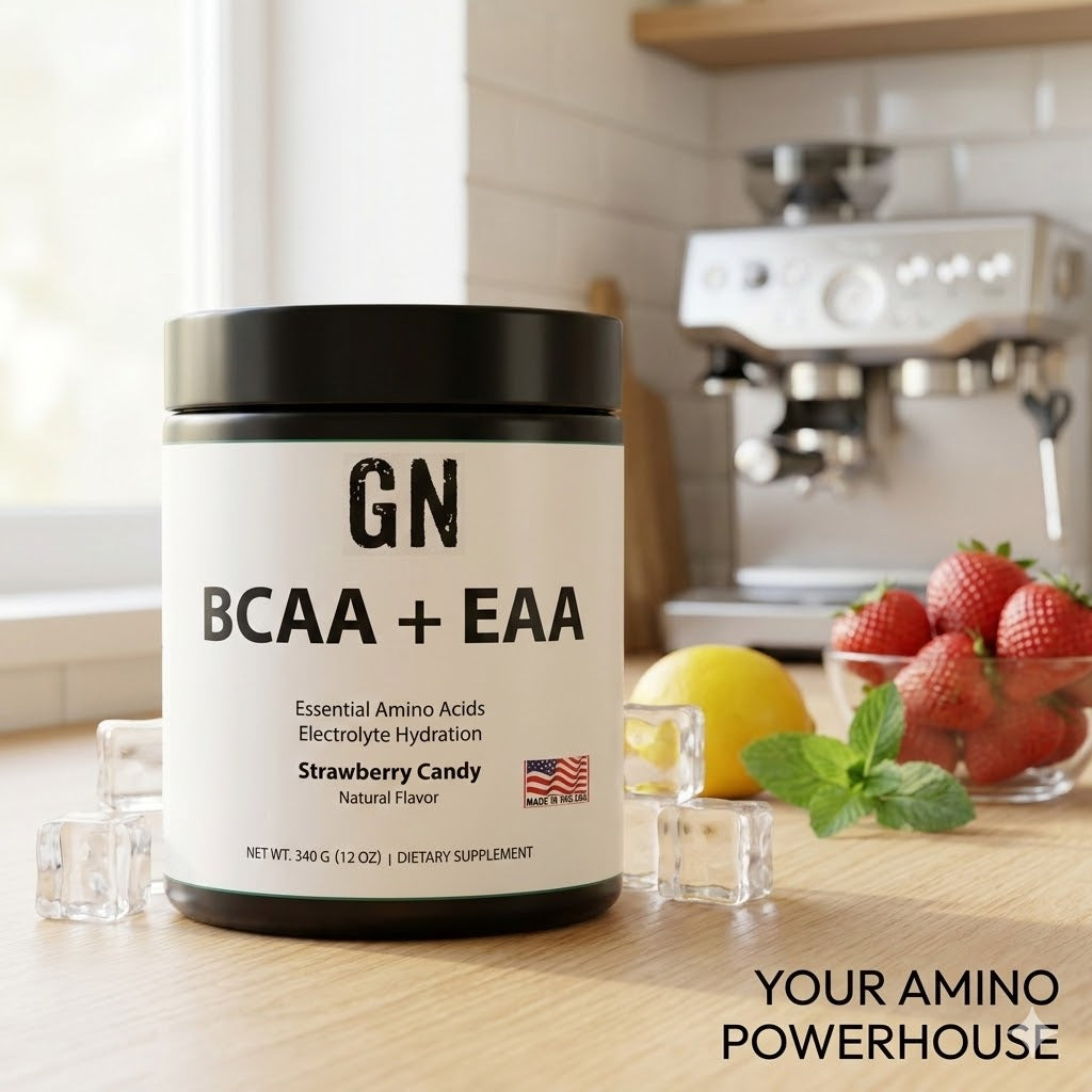 Supplement container labeled 'GN BCAA + EAA' on a kitchen counter with strawberries and lemons.