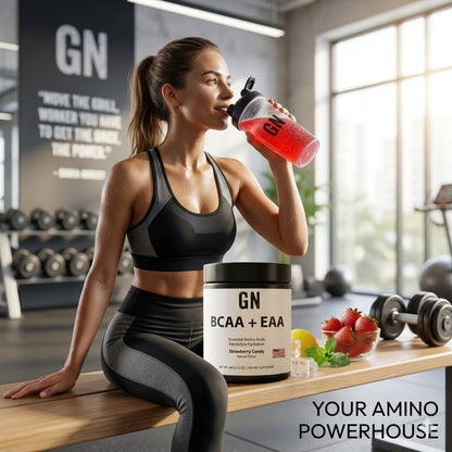 Woman in gym attire drinking a GN supplement shake with GN products on the counter.
