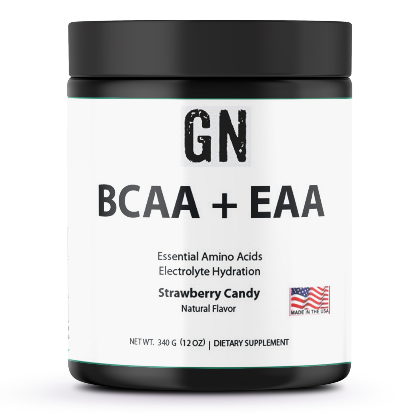 Supplement container labeled 'GN BCAA + EAA' on a white background